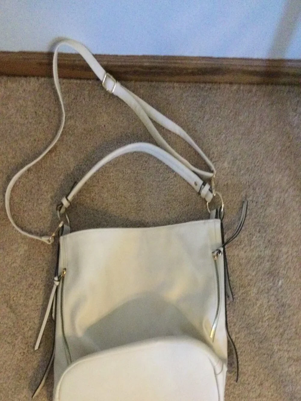 Ivory Faux Leather Hobo Shoulder Bag Convertible Crossbody Multi Pocket